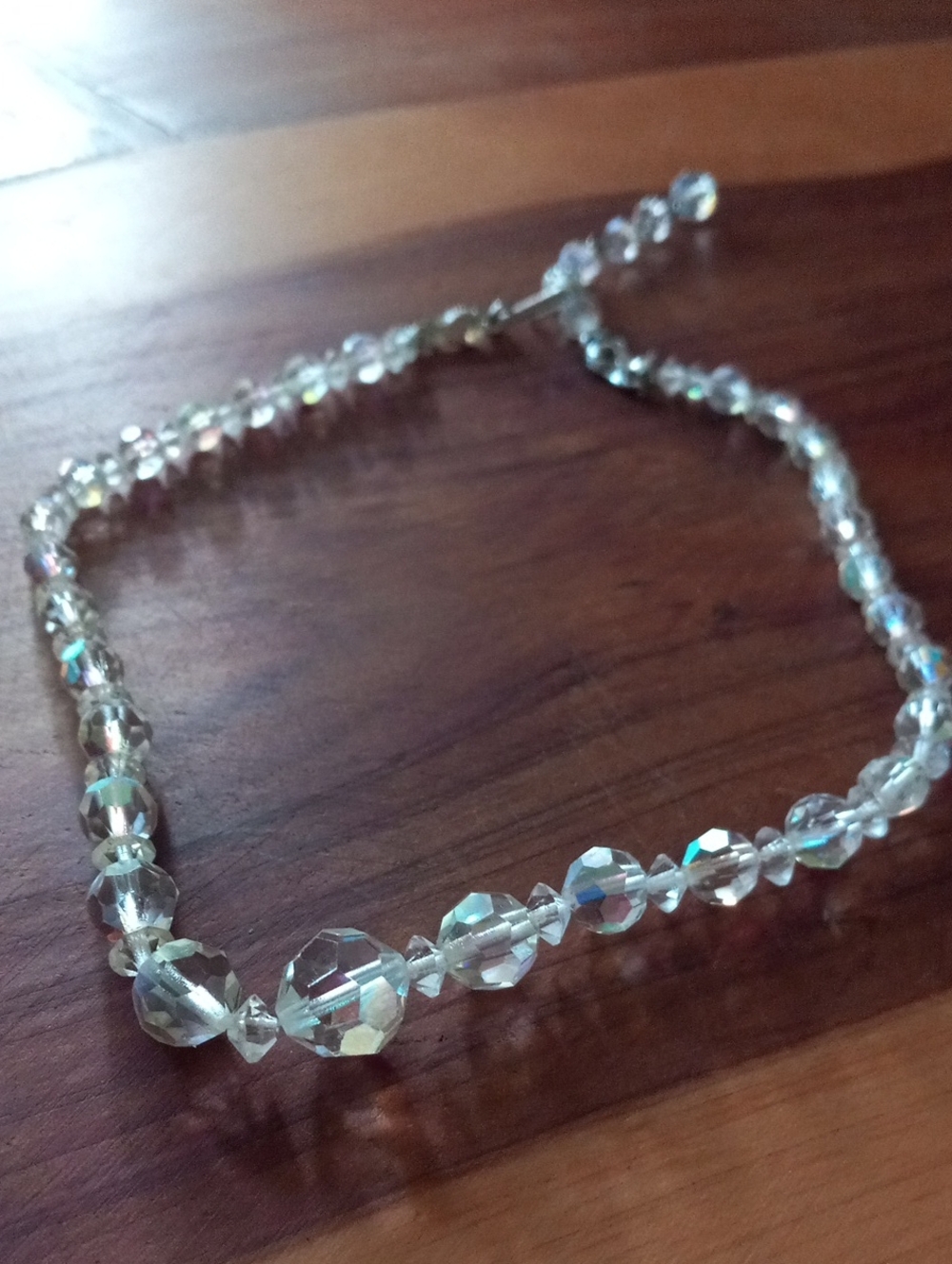 Vintage Aurora Borealis Crystal Graduated Bead Necklace Iridescent Mid Century